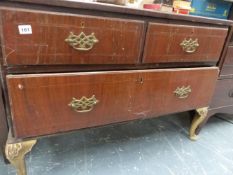 AN 18th.C.WALNUT CHEST OF TWO SHORT AND ONE LONG DRAWER ON GILT CABRIOLE LEGS.