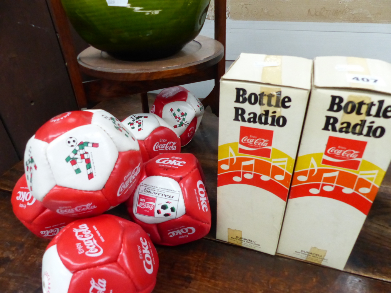 COCA COLA COLLECTABLES AND TWO ART POTTERY BOWLS.