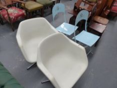 TWO RETRO SWIVEL CHAIRS AND TWO FOLDING IRON CHAIRS.