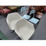 TWO RETRO SWIVEL CHAIRS AND TWO FOLDING IRON CHAIRS.