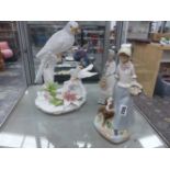 LARGE DOVE POTTERY CENTREPIECE TOGETHER WITH TWO SPANISH FIGURINES.