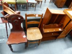 A VICTORIAN HALL CHAIR, AN ASH AND ELM SIDE CHAIR AND TWO SHELVES.