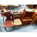 A VICTORIAN HALL CHAIR, AN ASH AND ELM SIDE CHAIR AND TWO SHELVES.