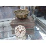 A HUNTLEY AND PALMER BISCUIT TIN TOGETHER WITH INTERESTING SHELL AND WOVEN BASKET.