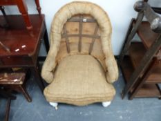 A VICTORIAN ARMCHAIR FOR UPHOLSTERY.