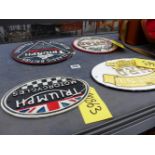 FOUR REPRODUCTION MOTORCYCLE MARQUEE PLAQUES.