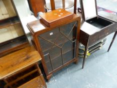 A SMALL WALNUT DISPLAY CASE, A BOOKCASE AND AN OAK OCCASIONAL TABLE.