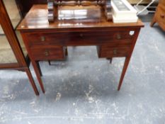 A LATE GEORGIAN MAHOGANY AND INLAID THREE DRAWER SIDE TABLE.