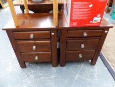 A PAIR OF BEDSIDE THREE DRAWER CHESTS AND A SIDE CHAIR.