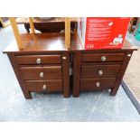 A PAIR OF BEDSIDE THREE DRAWER CHESTS AND A SIDE CHAIR.