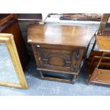 A SMALL OAK SIDE CABINET, AN OAK COFFEE TABLE AND A SMALL MODERN SIDEBOARD.