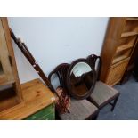 A COPPER WARMING PAN, AN IVORY MOUNTED WALKING STICK AND A MIRROR.