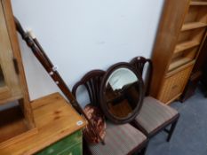 A COPPER WARMING PAN, AN IVORY MOUNTED WALKING STICK AND A MIRROR.