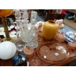 AN ART DECO GLASS DRESSING TABLE SET, AN OIL LAMP, CHINAWARES, ETC.