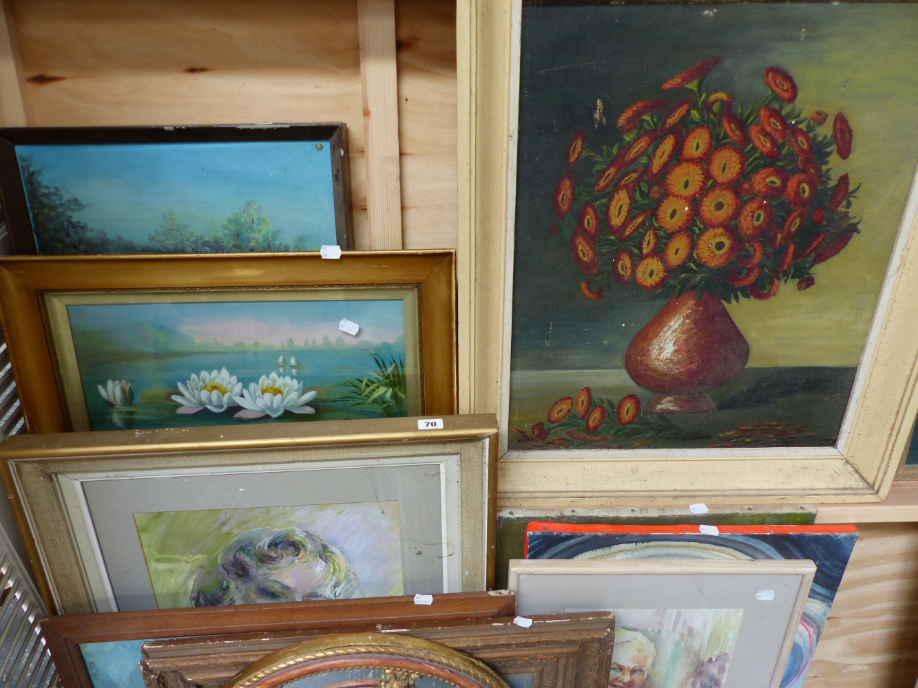 A GROUP OF VARIOUS OIL PAINTINGS, WATERCOLOURS, PRINTS AND A MIRROR.