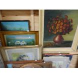 A GROUP OF VARIOUS OIL PAINTINGS, WATERCOLOURS, PRINTS AND A MIRROR.