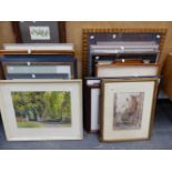 A LARGE QTY OF VARIOUS FURNISHING PRINTS, WATERCOLOURS, A DRIED FLOWER DISPLAY,ETC