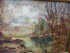 AN OIL ON BOARD RIVERSIDE SCENE WITH CATTLE SIGNED E. BROOKS.