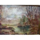 AN OIL ON BOARD RIVERSIDE SCENE WITH CATTLE SIGNED E. BROOKS.