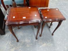 A FOOTSTOOL, STANDARD LAMP AND TWO OCCASIONAL TABLES.