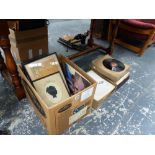 A SILHOUETTE PORTRAIT PICTURE, TWO ORIENTAL STUDIES,A VICTORIAN PRINT AND A QTY OF RECORDS.