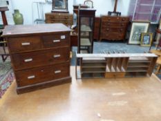 A MINIATURE OAK CHEST OF DRAWERS AND A PART LETTER RACK.