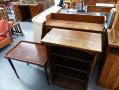 AN EDWARDIAN OAK BOOKCASE, A SHOE RACK AND AN OCCASIONAL TABLE