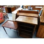 AN EDWARDIAN OAK BOOKCASE, A SHOE RACK AND AN OCCASIONAL TABLE