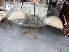 A WROUGHT IRON BASED CONSERVATORY TABLE AND SIX MATCHING IRON CHAIRS.