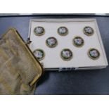 EIGHT ENAMELLED BUTTONS TOGETHER WITH A WHITE METAL PURSE.