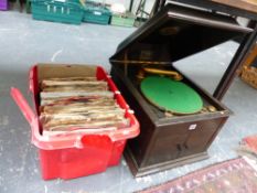 AN OAK CASED GRAMOPHONE AND RECORDS.
