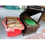 AN OAK CASED GRAMOPHONE AND RECORDS.