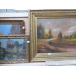 AN OIL ON BOARD CONTINENTAL PARK AND TWO OIL ON CANVAS EASTERN SCENES.