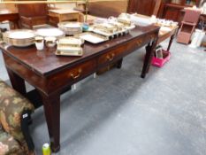 A LARGE GEORGIAN MAHOGANY AND EBONY INLAID SERVING TABLE WITH BRASS RAIL BACK.