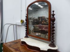 A VICTORIAN MAHOGANY AND MARBLE SWING MIRROR AND A SMALLER EXAMPLE.