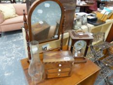 A 19th.C.SMALL APPRENTICE CHEST OF DRAWERS, A SWING MIRROR,ETC