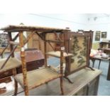 AN EDWARDIAN BAMBOO OCCASIONAL TABLE AND AN ORIENTAL SCREEN.