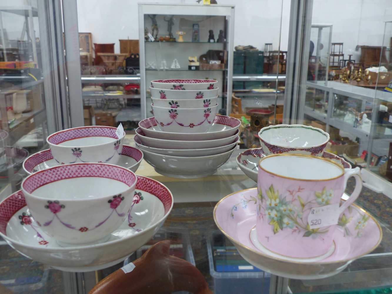 RUSSIAN COFFEE CAN AND SAUCER TOGETHER WITH ENGLISH FAMILLE ROSE STYLE TEA BOWLS AND SAUCERS.