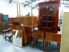 A MAHOGANY BEDROOM SUITE AND A CORNER CABINET.