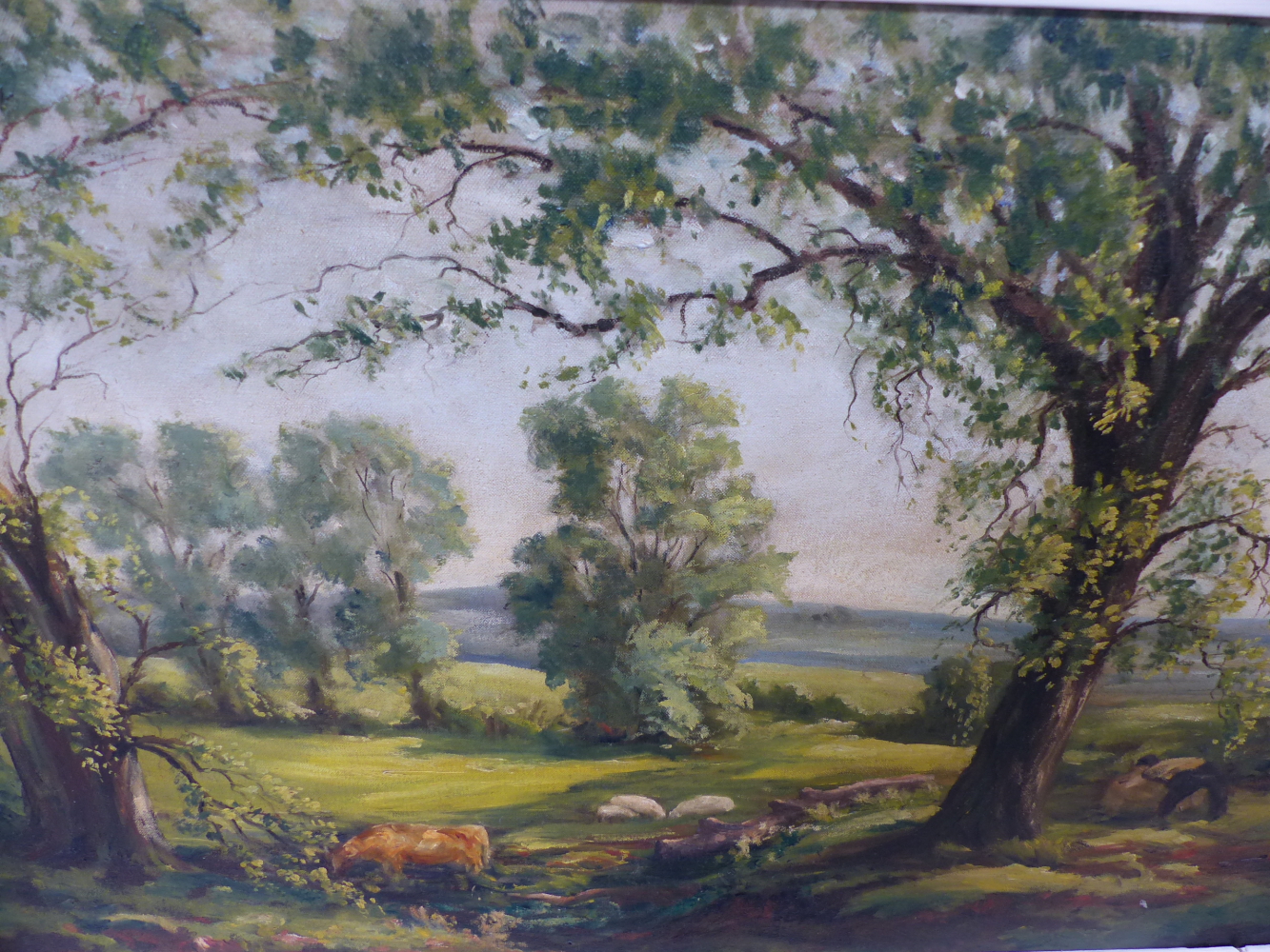 A LARGE OIL ON CANVAS RURAL SCENE WITH CATTLE.