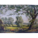 A LARGE OIL ON CANVAS RURAL SCENE WITH CATTLE.