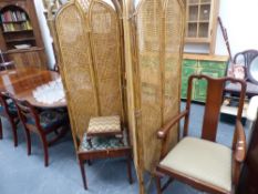 A QUEEN ANNE STYLE ARMCHAIR, TWO STOOLS AND A SCREEN.