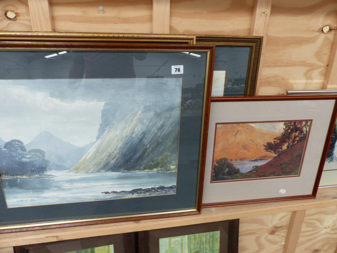 A GROUP OF THREE WATERCOLOUR HIGHLAND LOCH SCENES BY E. GREIG-HALL AND A PASTEL STUDY OF POODLES