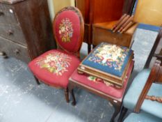 A VICTORIAN LADIES CHAIR WITH NEEDLEPOINT UPHOLSTERY AND THREE STOOLS