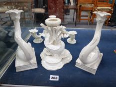 A PAIR OF STYLISED DOLPHIN ITALIAN CANDLESTICKS TOGETHER WITH VARIOUS WHITE PORCELAIN.