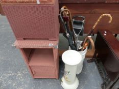 A LLOYD LOOM BEDSIDE CABINET, A SMALL OTTOMAN, POTTERY STICKSTAND AND STICKS,ETC.