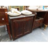 A GEORGIAN COMMODE, A BEDSIDE CABINET AND A CUPBOARD.