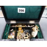 A JEWELLERY BOX OF VINTAGE COSTUME JEWELLERY TO INCLUDE AN EDWARDIAN SEED PEARL AND 9ct. BIRD