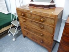 A LATE GEORGIAN MAHOGANY CADDY TOP CHEST OF TWO SHORT AND THREE LONG DRAWERS.