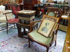 AN EDWARDIAIN INLAND ARMCHAIR AND AN ART NOUVEAU ARM CHAIR.